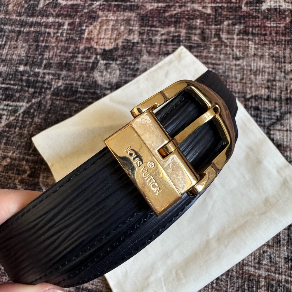 Authentic Louis Vuitton Black Epi Leather Belt with Gold Buckle